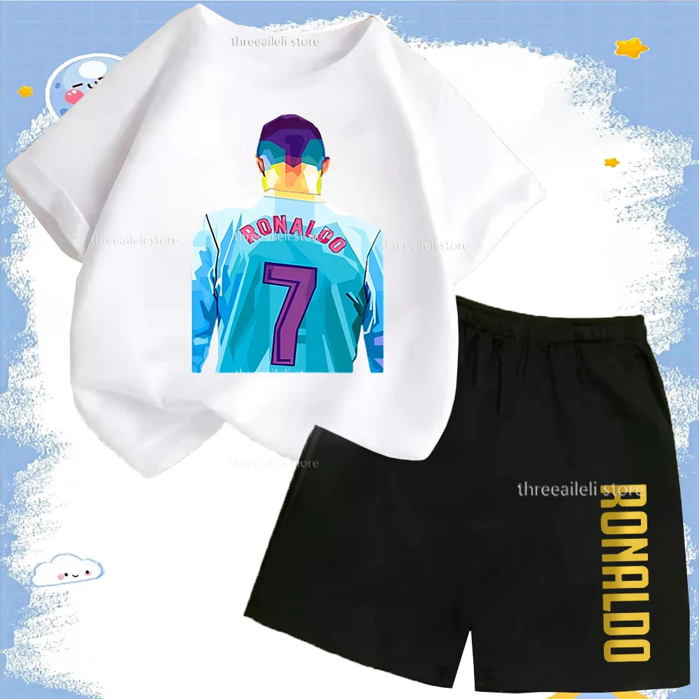 

Детский комплект футболок с героями мультфильмов Cr7 Ronaldo с принтом, летний удобный спортивный детский комплект, подходит для мальчиков и девочек, комплект хлопковых шорт для отдыха