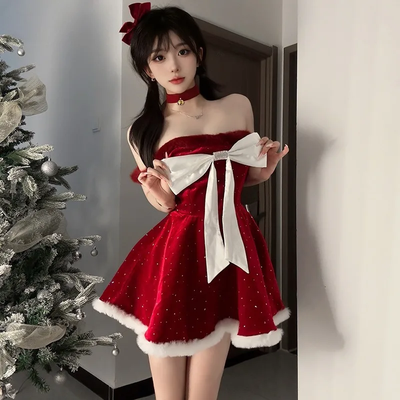 

New Year Rabbit Girl Cosplay Costume Sexy Red Velvet Dress Uniform Suit for Women Christmas Holiday Carnival Party Outfit