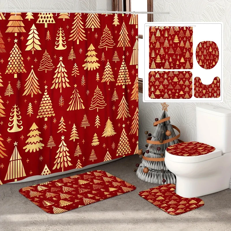 【Open JIT】1/4pcs Christmas tree winter set simple red Golden shower curtain waterproof polyester washable for xma