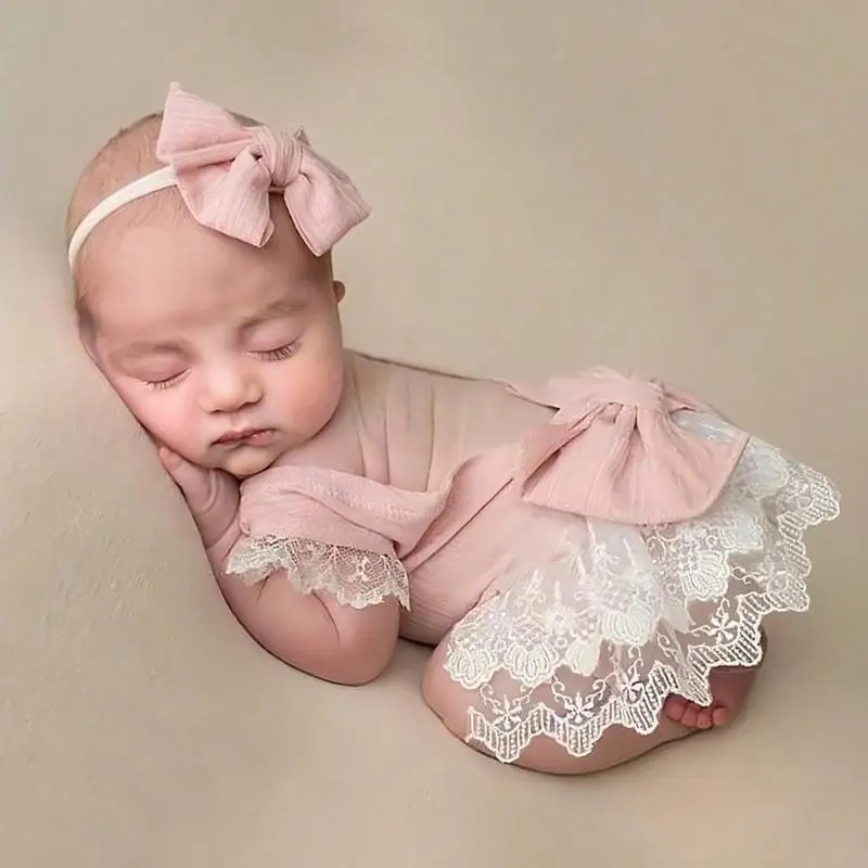 M89C Baby Photography Costume Clothing Bowknot Headband and Romper Outfit Newborns Photography Props Girl Photo Clothes
