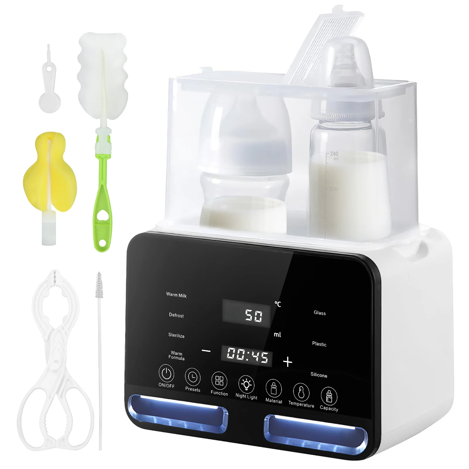 Aquecedor de leite multifuncional com controle de temperatura, esterilizador de garrafa dupla, display LCD, luz noturna, aquecimento de alimentos,