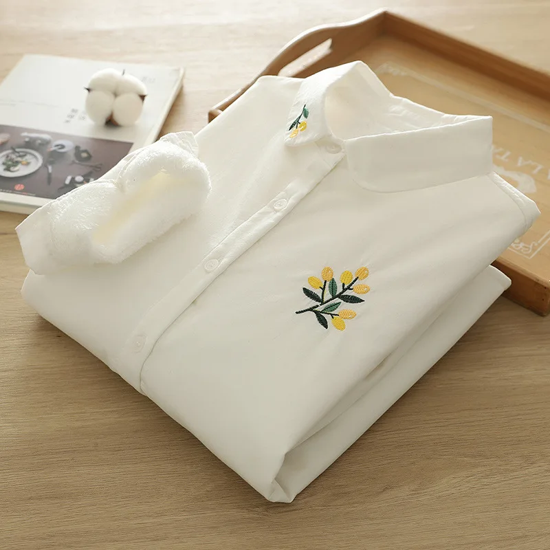 

High Quality Women Cotton Velvet Thick Warm Blouse Shirt Embroidered Yellow Flower Plush Cotton Women's White Shirt Thermal Tops