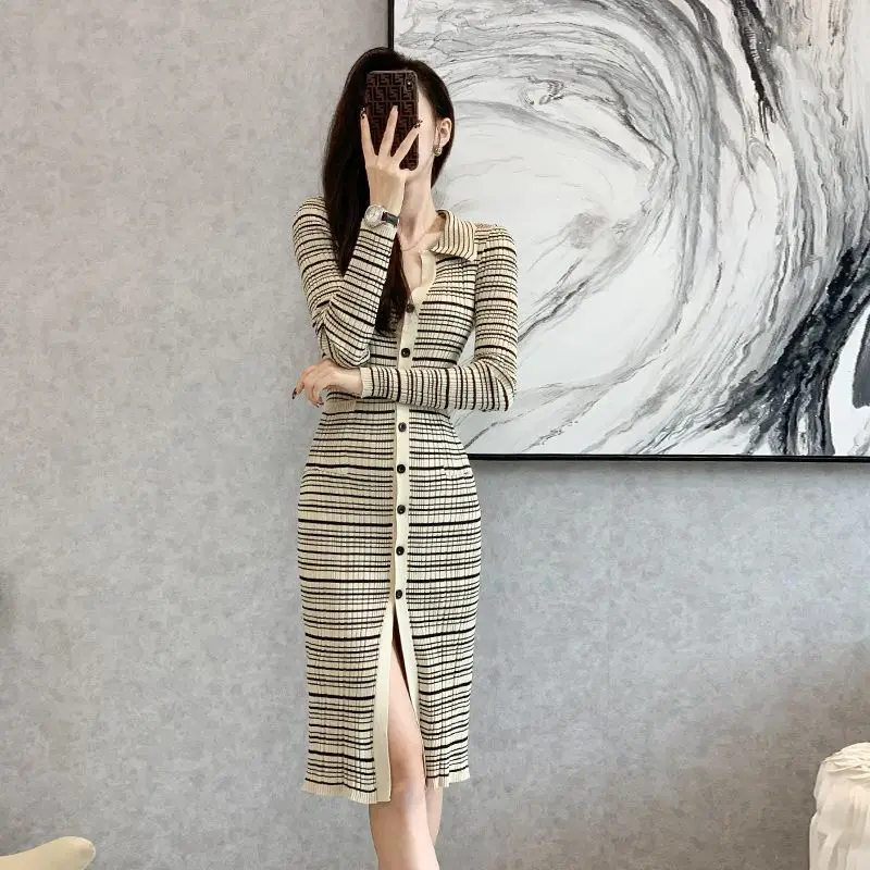 Autumn Winter French Elegant Stretch Slim Knitted Pleated Dress Long Sleeve Single Breasted Thick Warm Sweater Midi Shirts CQ218