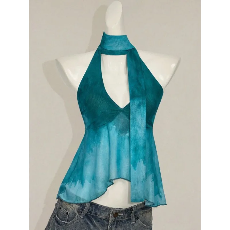 Women Y2K VIntage Halter Mesh Top V Neck Self-Tie French Style Elegant Slim Fit Halter Cami Top Summer Streetwear Camisole
