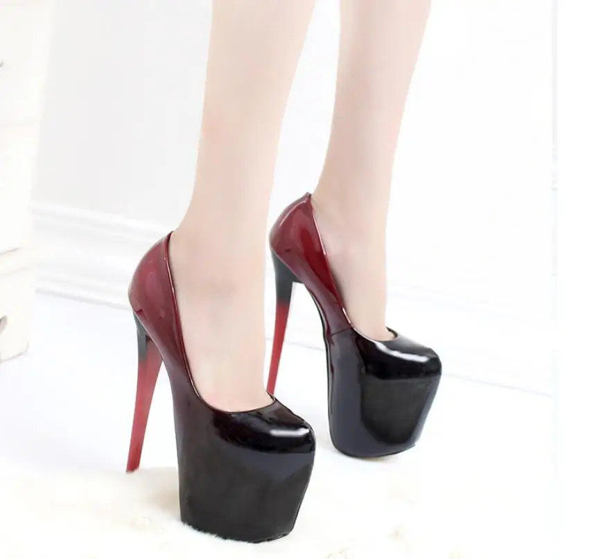 Stilettos Plus:34-50 Spring women's Patent Leather platform pumps 19cm thin high heels wedding shoes zapatos mujer