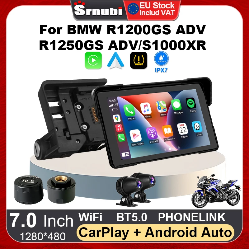 Srnubi 7" Écran de navigation portable pour tableau de bord de moto avec CarPlay sans fil et Android Auto pour BMW R1200GS R1250GS S1000XR