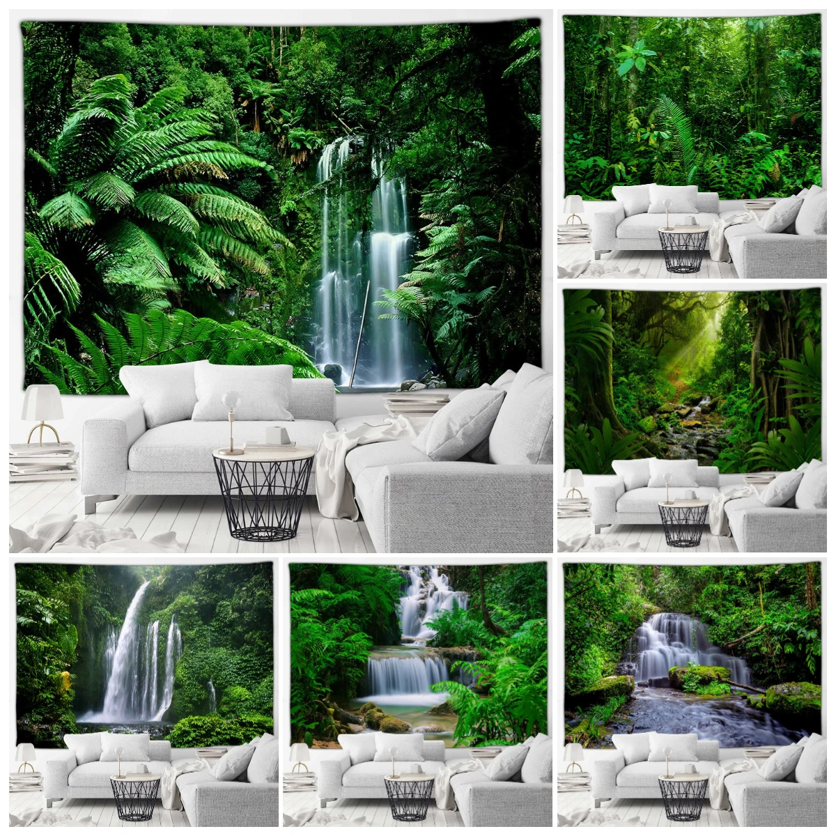 

Tropical Jungle Waterfall Tapestry Forest Green Plants Trees Natural Rainforest Landscape Home Living Room Decor Wall Hanging