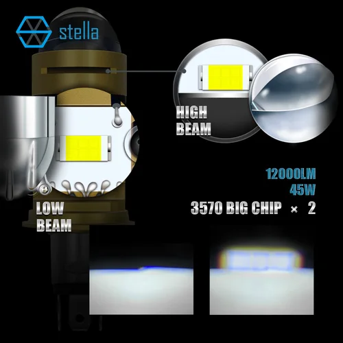 Imagen 2 del producto Stella Bi-proyector de lente LED H4, Mini bombilla 110W Canbus 14000LM, fácil instalación, ventilador, lente de refrigeración, faro para coche/motocicleta 8-90V