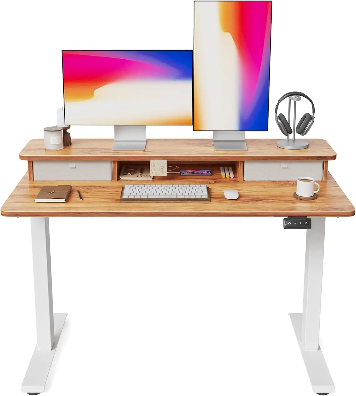 FEZIBO 48 x 24 Inch Height Adjustable Electric Standing Desk with Double Drawer, Stand Up Desk with Storage Shelf, Sit Stand