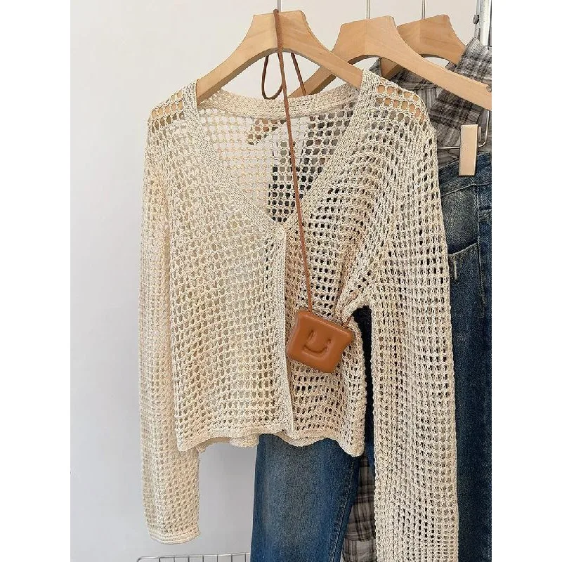 2026 Sun Protection Hollow Out Knitted Ins Cardigan Women's Summer Mesh Solid Thin Outer Wear Simple Short Chic Top