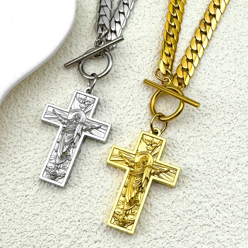 

Stainless Steel Cross Jesus Crucifix Pendant Necklace for Men Women Gold Color Hip Hop Choker Chain Christian Necklaces Jewelry