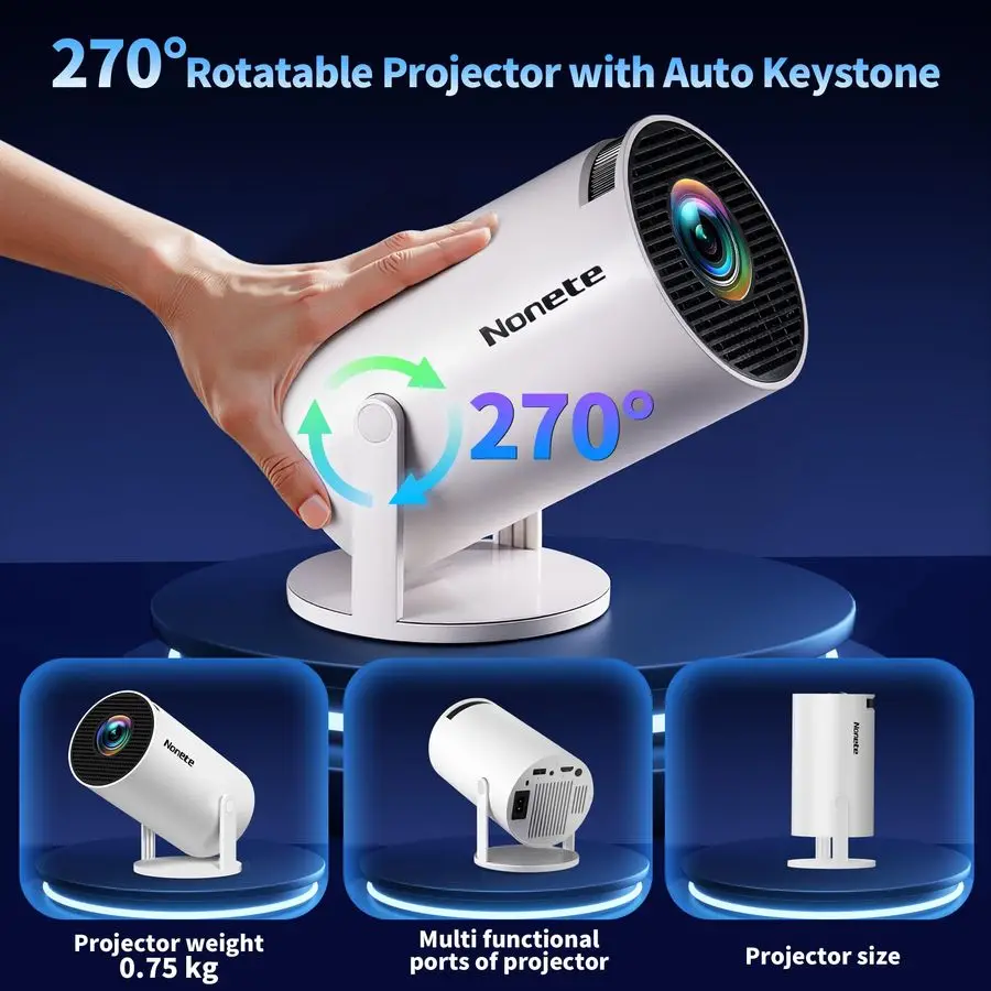 Upgraded Mini Projector Support 4K 1080P FHD Auto Keystone 270 Rotatable with WiFi 6 and Bluetooth 5.2 Projector Portable Compat
