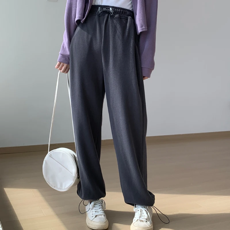 Gray Drawstring Elastic Waist Sports Pants Women's Autumn Casual Cuffed Pants Summer Slim Wide Leg Sweatpants Trendy