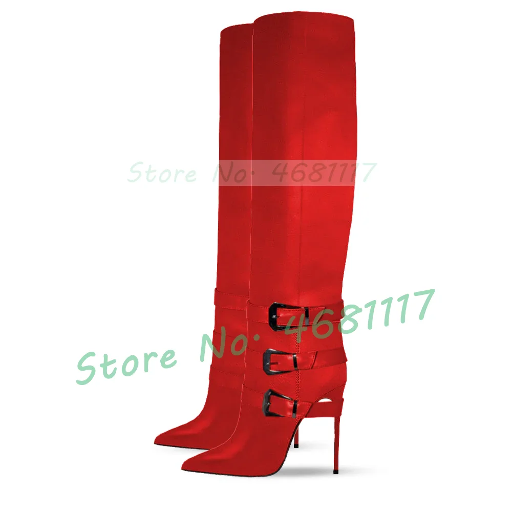 Sexy Multi Buckles Stiletto Knee High Boots Women Fashion Ankle Buckle Strap High Heels Feminine Pointed Toe Slim Tall Shoes