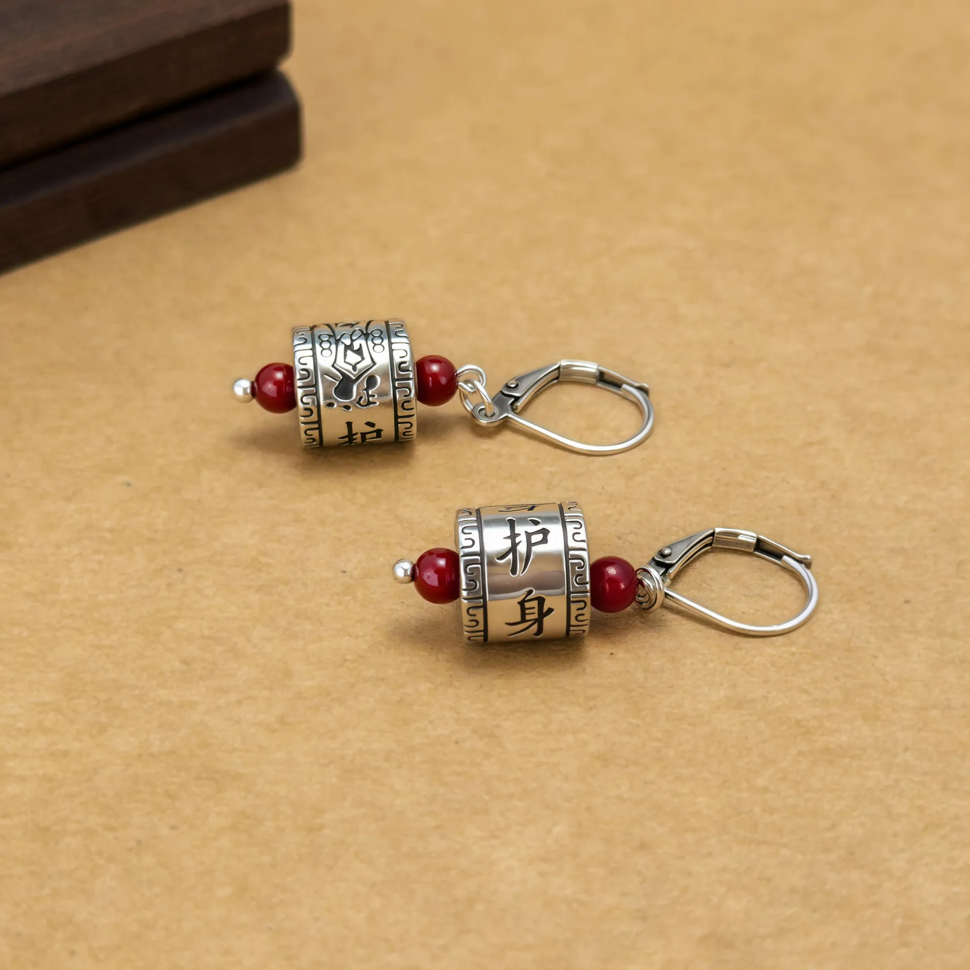 Retro silver 925 Talisman Barrel Bead Vermilion earrings for women Ethnic Style Round Simple Earring Party Jewelry Gifts