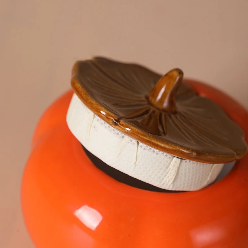 1pc Ceramic Tea Canister Portable Moisture Resistant Sealed Canister Persimmon Type Ashtray Jar 200ml 9cm*7.5cm