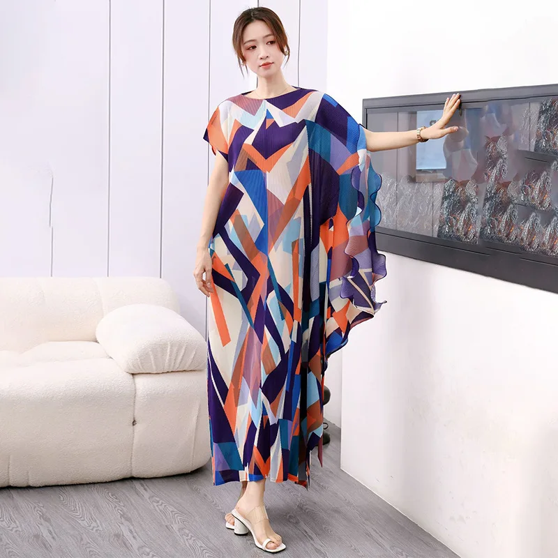 Irregular Dress Advanced Sense Color Matching Geometry Ruffled Summer Women's Miyake Pleated Fashion High Quality Clothes