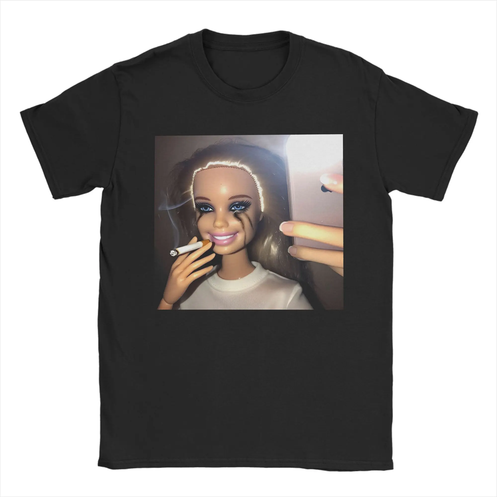 Funny Disgusting Doll Face Women's Clothing Smoking Unique Tees Short Sleeve Crew Neck T-Shirts Gothic 2000s Y2k Promo Clothes