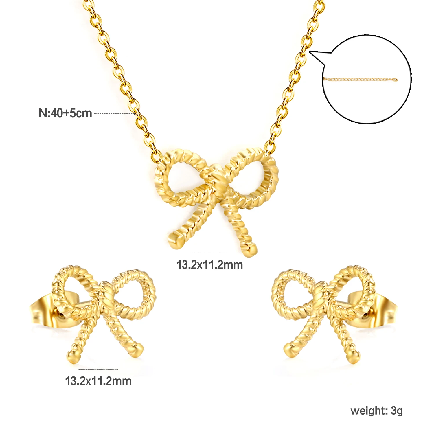 Cute Style Heart-shaped Bow Pendant Necklace and Earrings Two-piece Set for Girls, Stainless Steel Fashionable INS-style Jewelry