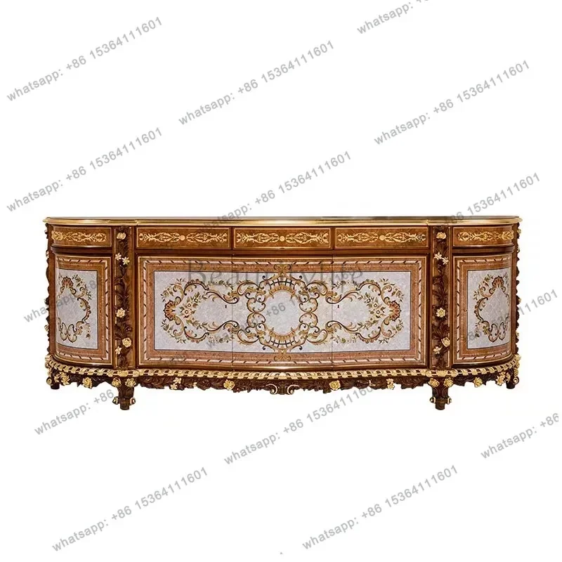 D36European high-end Italian solid wood carving flower TV locker French veneer parquet shell inlaid dining side cabinet