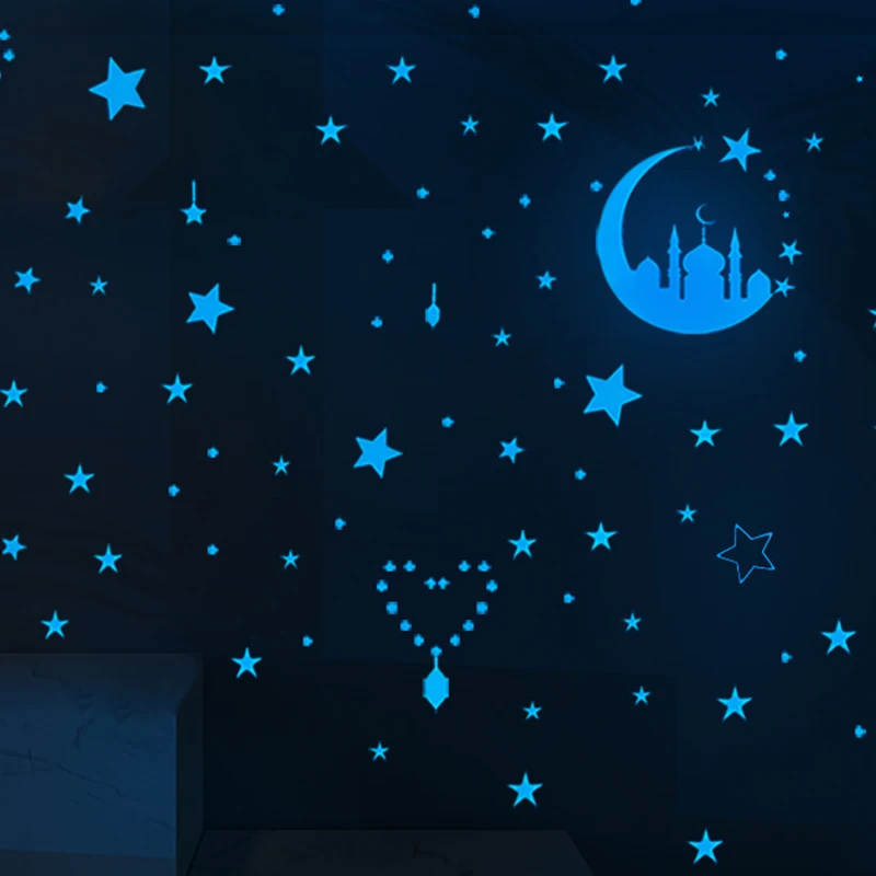 1Set EID Mubarak Blue Light Luminous Wall Sticker Ramadan Star Moon Glow Decoration Islamic Muslim Festival Children Room Decor