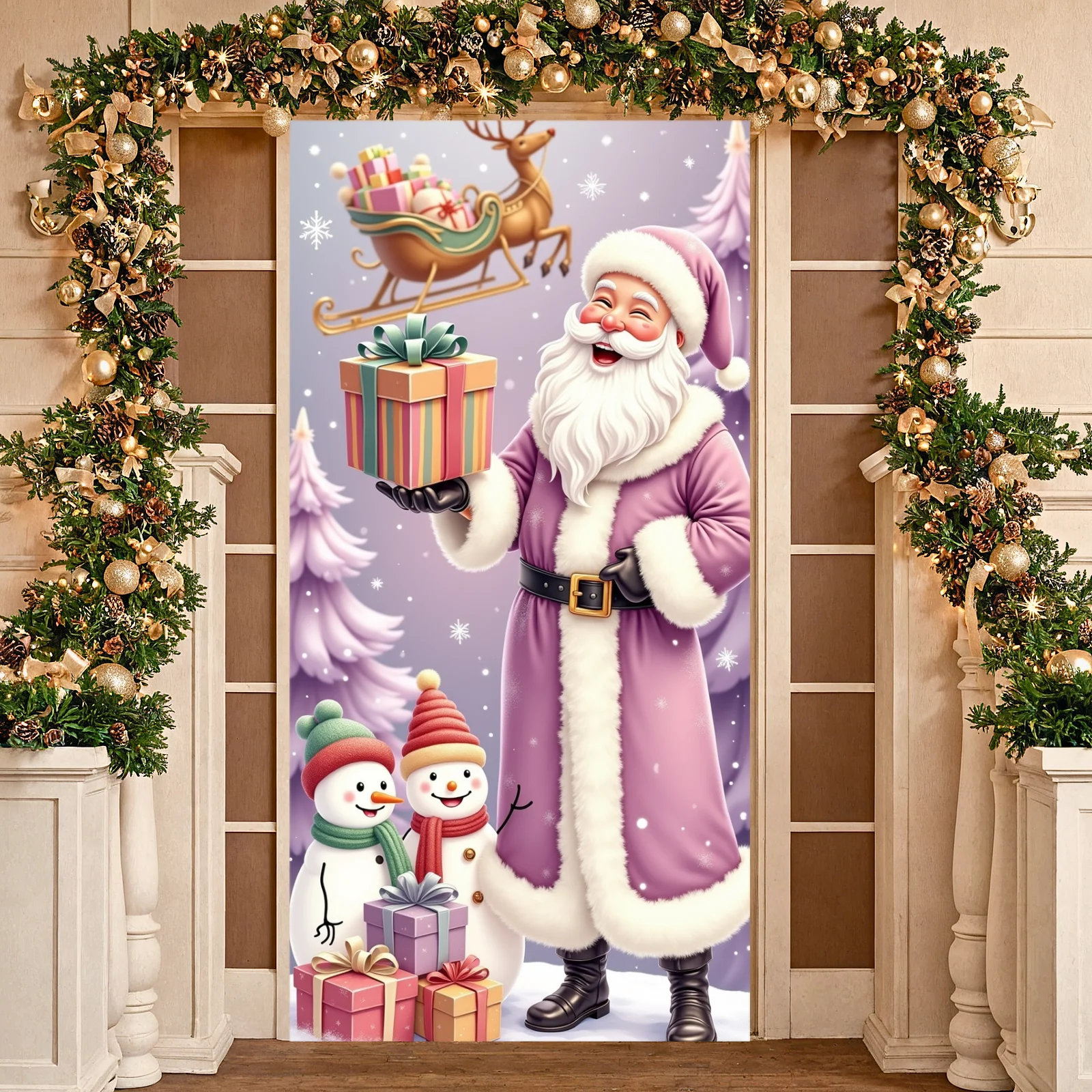 Festive Background Purple Santa Holiday Display Santa Gift Display Christmas Trees Snowman Background For Gift Exchange Party
