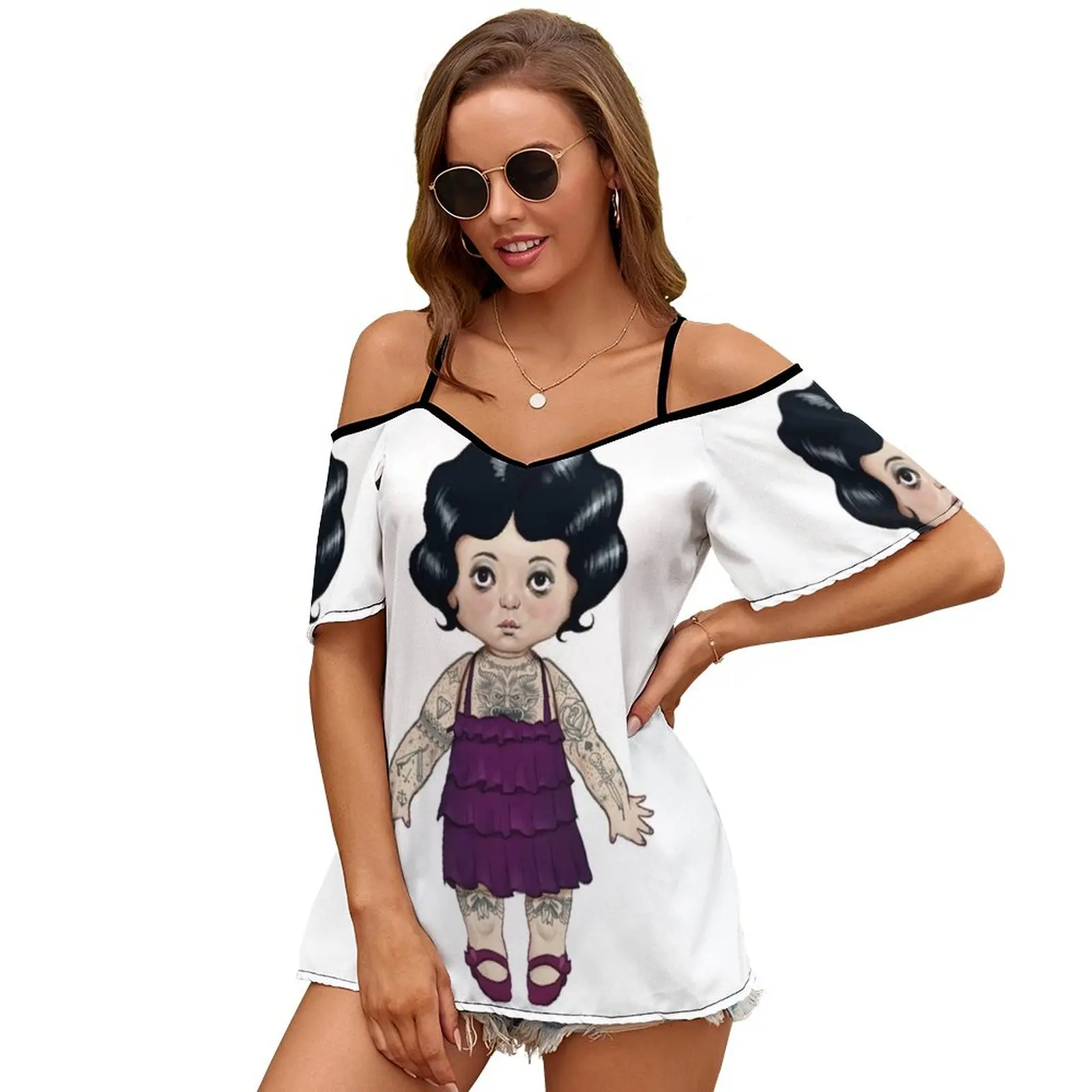 Dollie Women Short Sleeve Tops O-Neck Hollow Out Shoulder Strap Tees Streetwear Doll Girly Flapper Vintage Tattoos 1920S Purple