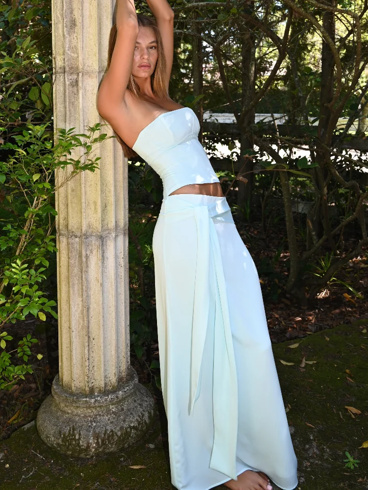 

Женский элегантный комплект: тонкая юбка и облегающий топ без бретелек с кружевной отделкой, прямая юбка с низкой талией, новый летний пляжный наряд для отдыха