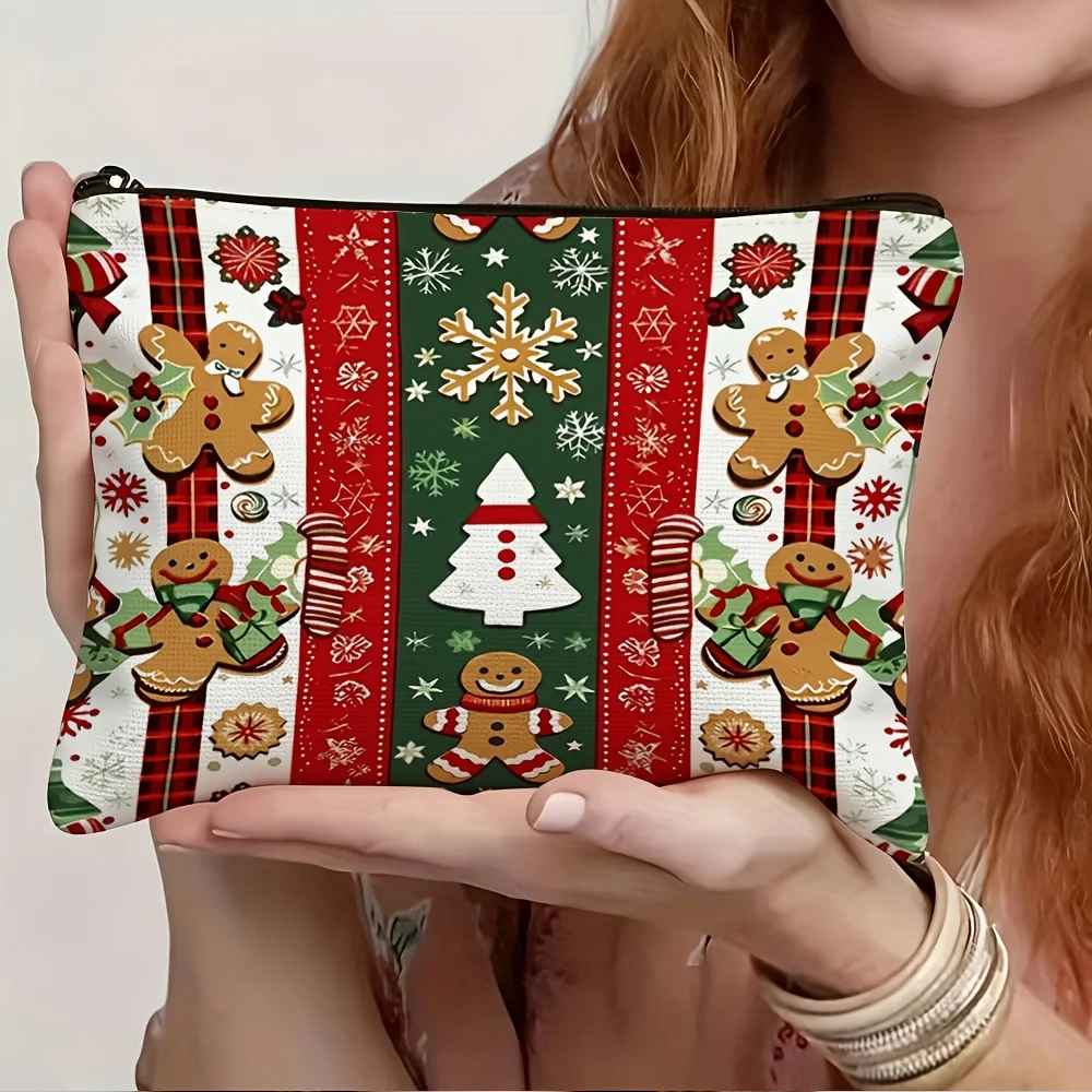 2D Flat Printing Christmas-Themed Printed Toiletry Bag/Makeup Bag Christmas Tree, Snowflakes,Double-Sided Printing Pouch