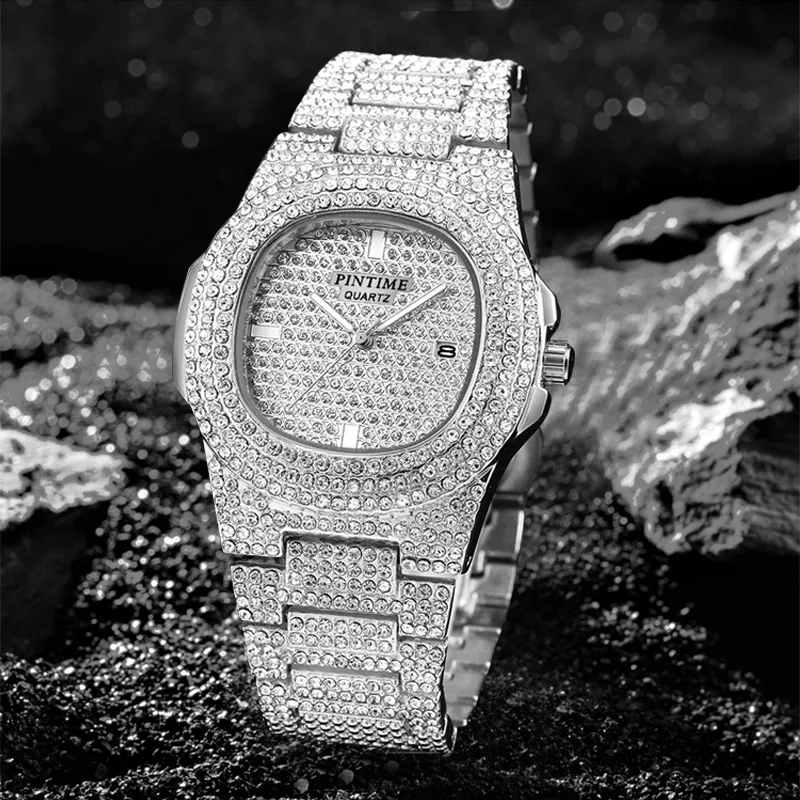 

PINTIME Square Mens Watch Diamond Stainless Steel Date Quartz Watch Male Fashion Crystal Rhinstone Clock Relogio Masculi