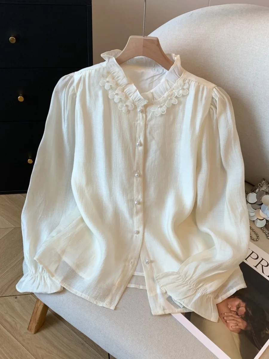 

Elegant Feminine Floral Print Loose Women's Shirt Autumn Fashionable Chinoiserie Pleated Slimming Top Luxury Style Long Sleeve