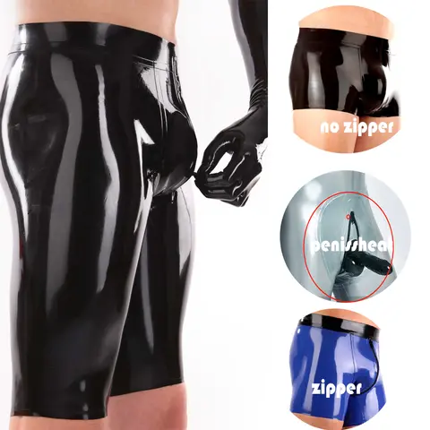 Latex catsuit Trousers short Rubber Pants crotch zippers Men Sexy Leggings  bodysuit Fetish  shorts male Wet latex
