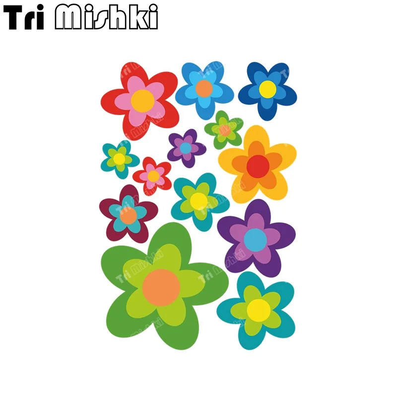 Tri Mishki W1355 Set von 13 Hippie Blumen Auto Aufkleber PVC Aufkleber Aufkleber auf Motorrad Auto SUV Bike Laptop Kühlschrank wand Tür