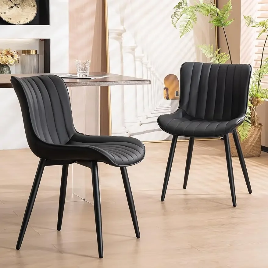 YOUNUOKE Black Dining Chairs Set of 2 Upholstered Mid Century Modern Kitchen Chair Armless Faux Leather Accent Guest Chair with