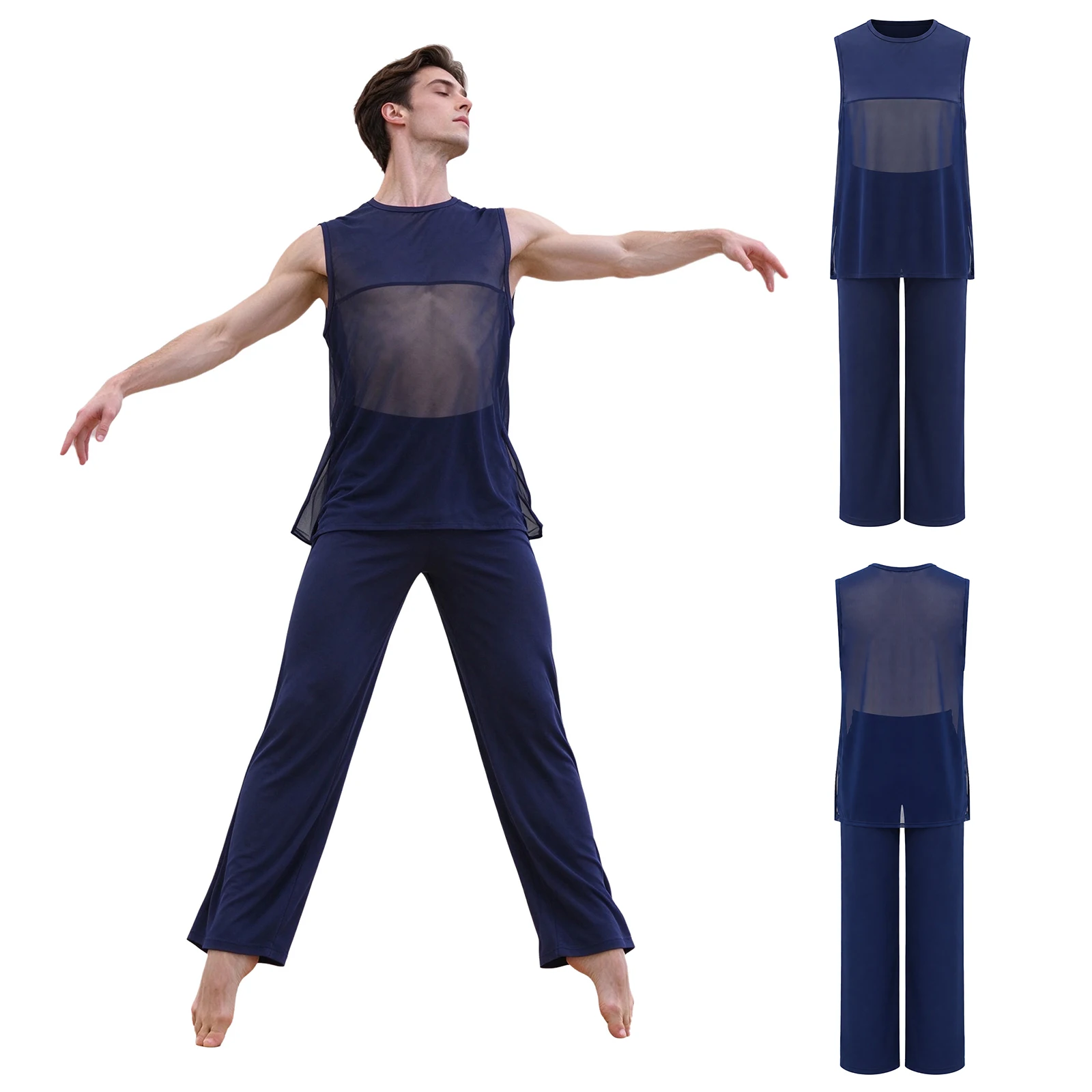 Men Contemporary Dance Practice Set Sleeveless Mesh Patchwork Top Wide Textured Leg Pants for Lyrical Stage Performance Costume