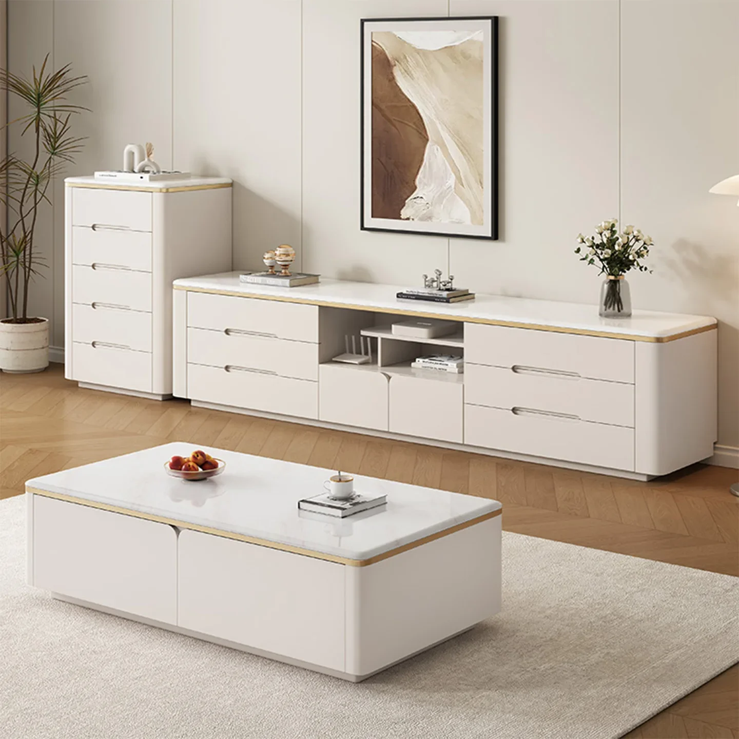Pure solid wood light luxury floor TV cabinet coffee table combination modern simple living room small apartment household