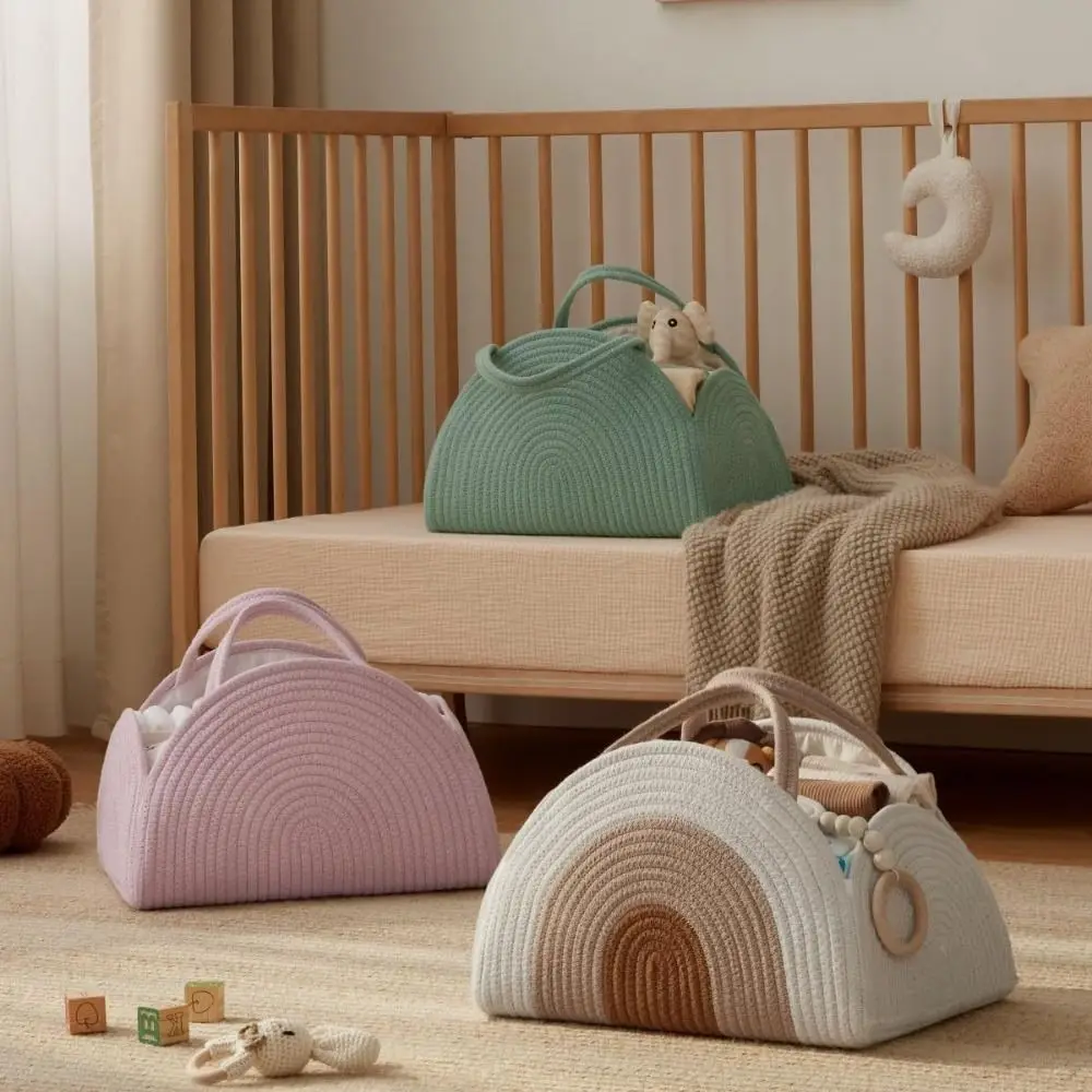 

Multifunctional Baby Diaper Bag with Handle Folding Woven Basket Large Capacity Cotton Rope Mommy Handbag Newborns