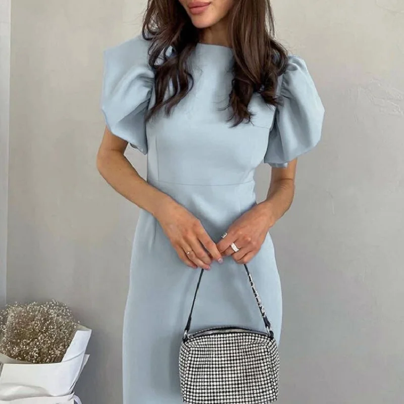 오피스룩 여성 우아한 O넥 슬릿 파티 드레스 봄 솔리드 슬림 바디콘 힙 드레스 여름 퍼프 반팔 미디 드레스 베스티도스