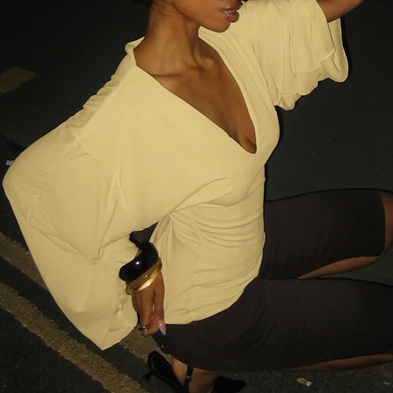 Cseta de Manga Larga con Cuello en V y Corte Ajustado, Estilo Sexy, Tela de Poliéster, Manga Campana, para Mujer, Temporad...