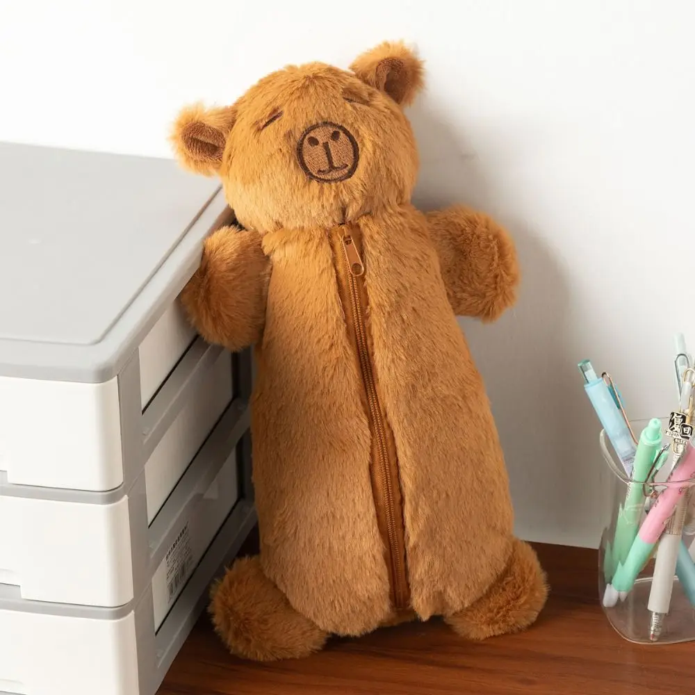 New Plush Capybara Pen Bag Cartoon Brown Stationery Bag Large Capacity Multifunctional Pen Box School Office Supplies