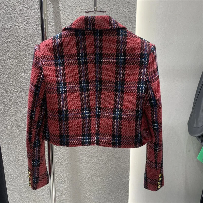 2023 Plaid Woolen Jacket Women High-waisted UltraShort Blazers   Coat Spring Autumn Fashion Lady Suit Small Outerwear Casual Top