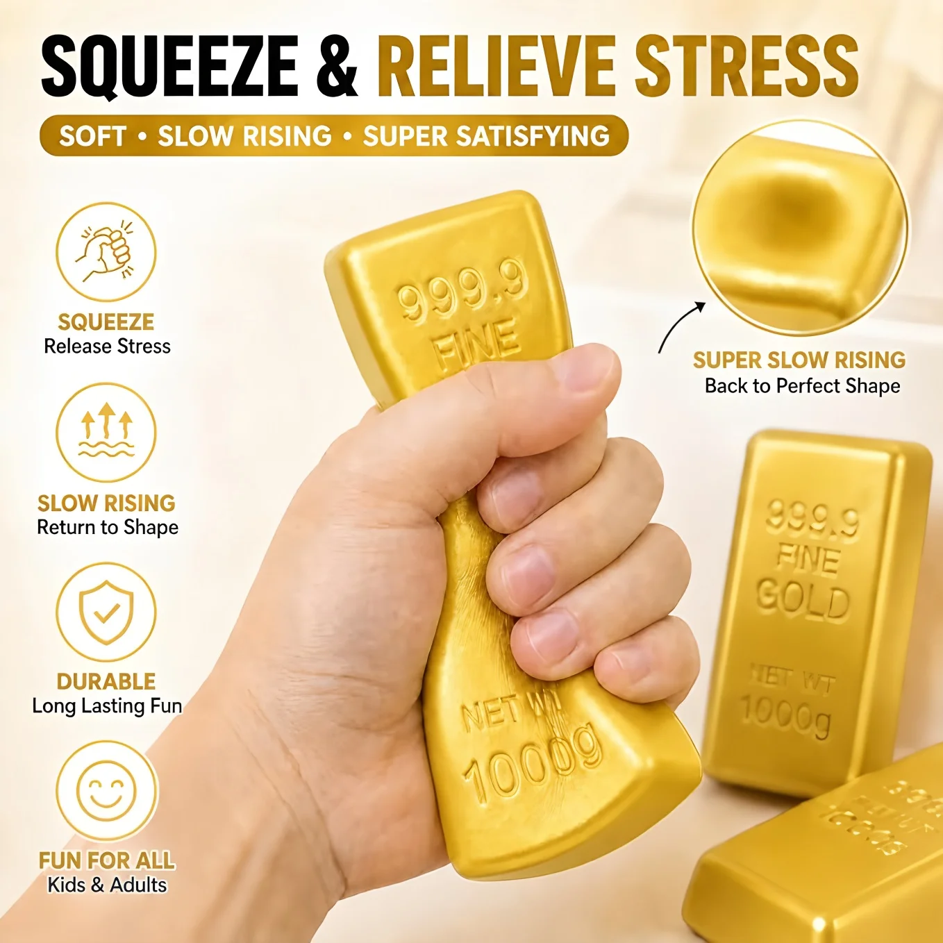 Gold Bar Squeeze Toys Slow Rebound Squishy Toys 2026 Anxiety Relief Squishy Soft Toys PU Gold Brick Stretchy Fidget For Adults