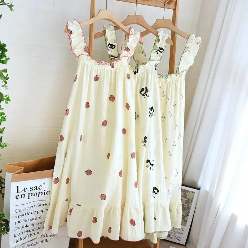 

Wood Ear Edge Camisole Nightgown For Girls Sleepwear Cool Summer Medium Length Cotton Fabric Home Pyjamas Female Sleep Dress