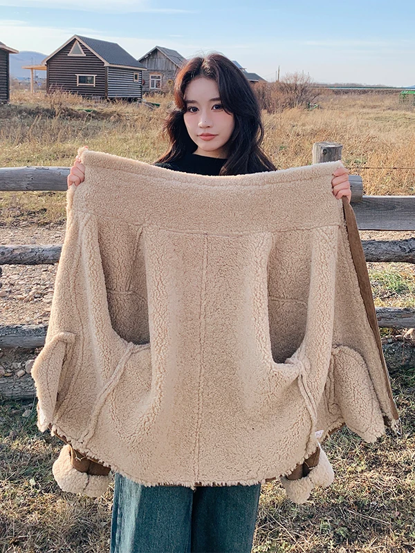เสื้อแจ็คเก็ตขนแกะสำหรับผู้หญิง บุหนา อุ่นสบาย บุขนด้านใน หนังและขนสัตว์ผสมผสาน ฤดูใบไม้ร่วง ฤดูหนาว รุ่นใหม่ สไตล์ลำลอง ทรงตรง