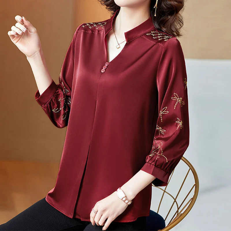 Casual Vintage Sólida Bordado Botão Camisa Verão Autum 2023 V-Neck Manga Três Quartos Solto Pullovers Tops Roupas Femininas