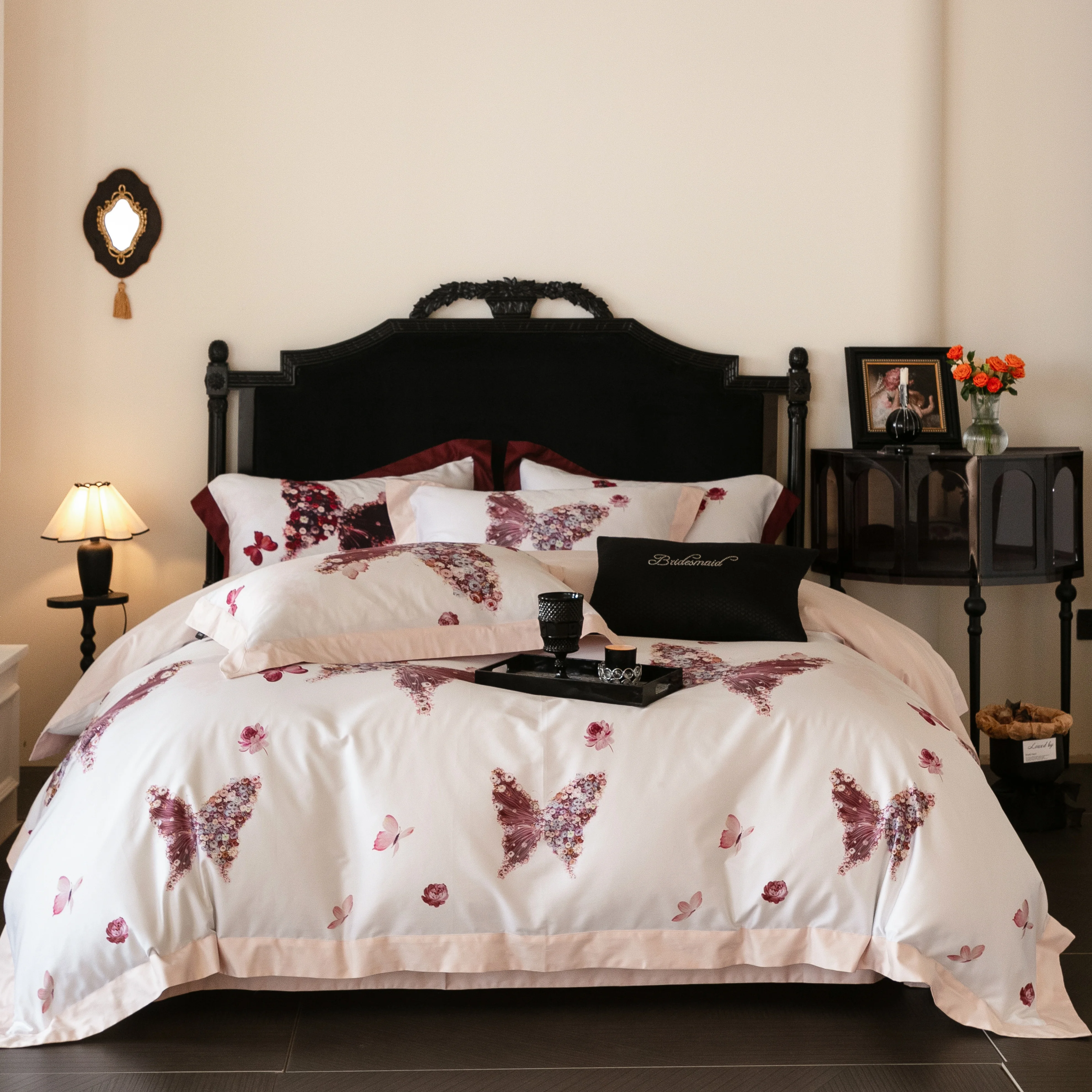 

Elegant Wine Red Butterfly Floral Bedding Sets Full Duvet Cover 220×240cm Luxury Smooth Satin 4 Pieces Bedding Set
