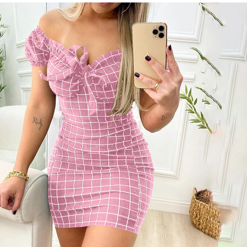 Summer Sexy Off Shoulder Mini Dress Women Fashion Casual Plaid Dresses Bodycon Beach Boho Party Dress For Women Robe Femme