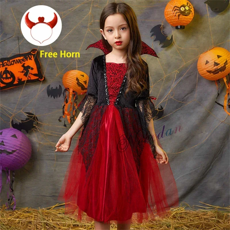 Halloween For Kids Boy Girls Gothic Costume Scarlet Witch Party Clothes Horns Fantasia Prince Vampire Cospla MN9