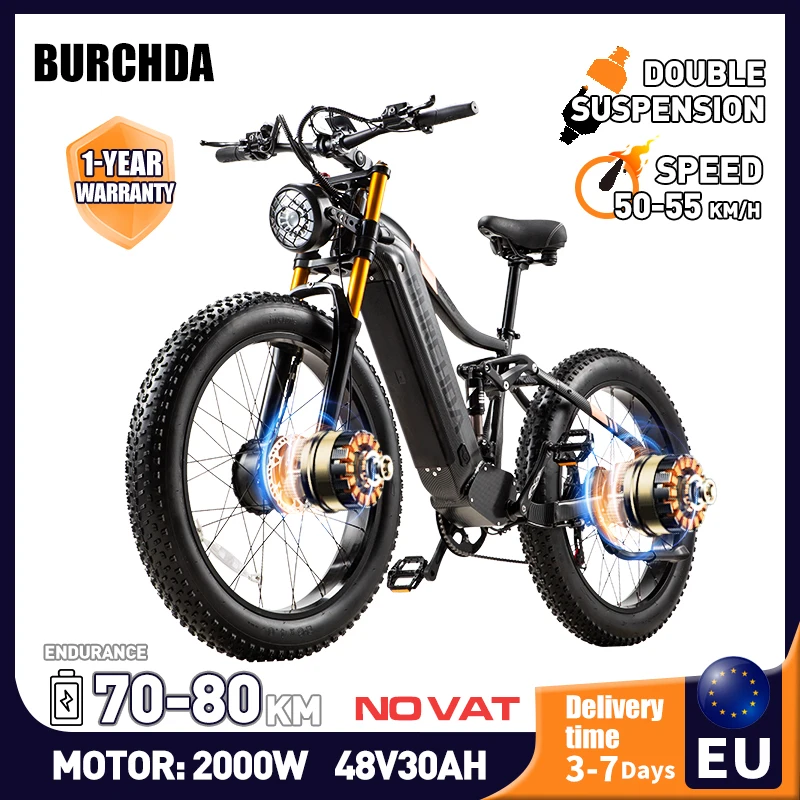 BURCHDA HC26 2000W vélo électrique monuntain à double moteurs, batterie 48V30AH, vélo électrique pour hommes vtt 26 pouces pour adulte, vélo électrique de ville