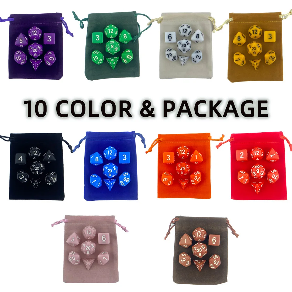 70 Pcs 10 Sets Per Combo Acrylic TRPG Polyhedral Dice Solid 10 Color And 10 Color of Package For DND Or COC Game